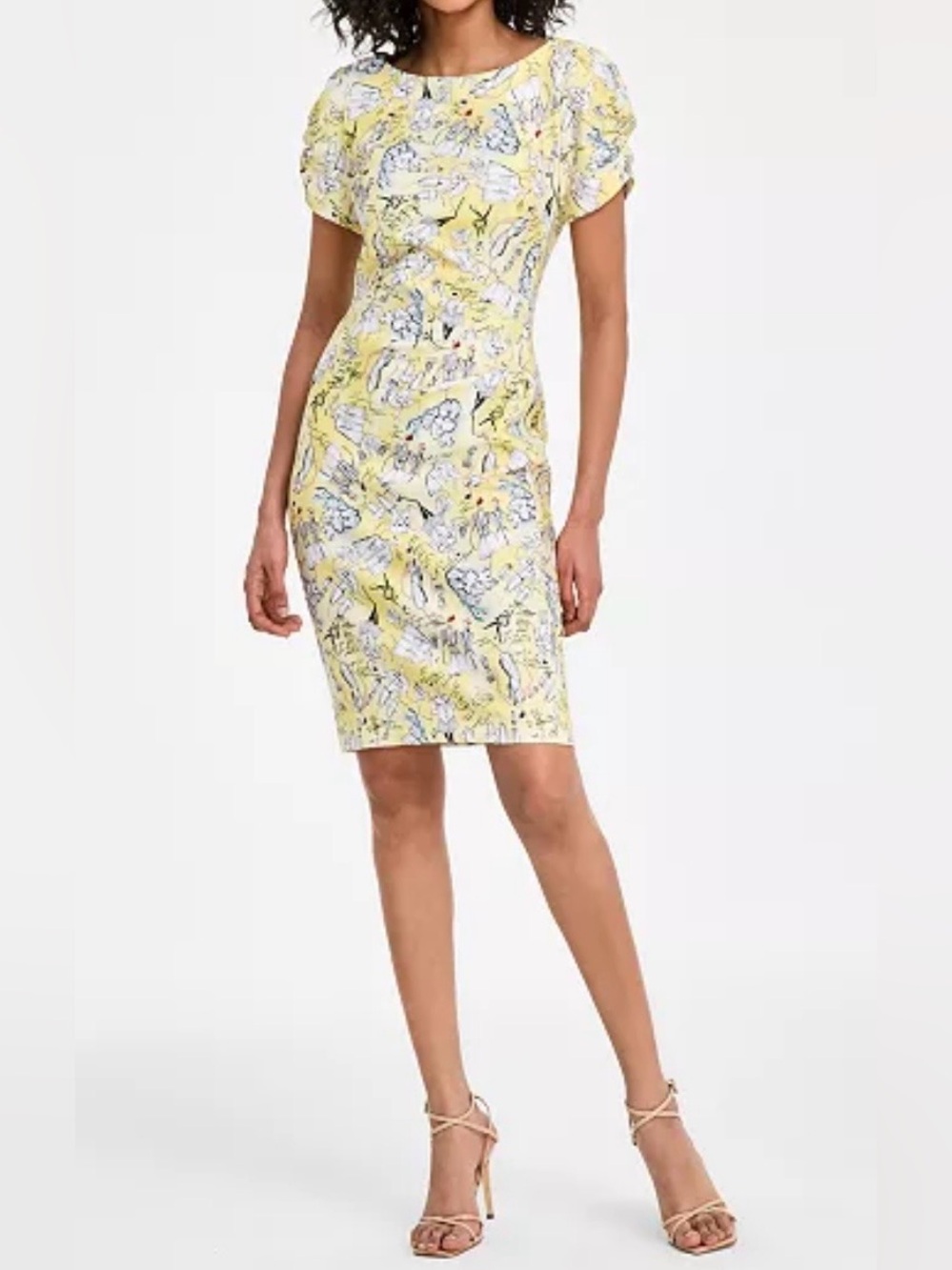 KARL LAGERFELD PARIS Printed Ruched-Sleeve Dress Yellow Size 8”AUTHENTIC New!